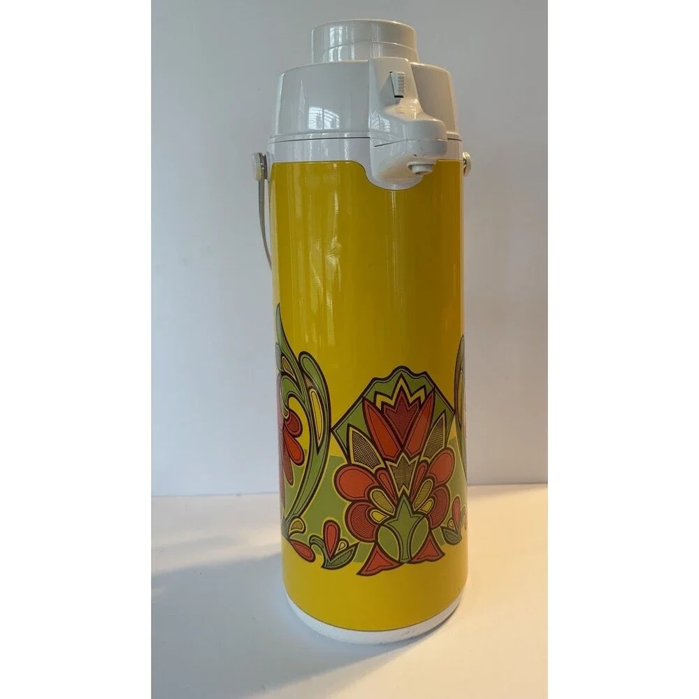 Vintage 70s Japan Airpot Pump Thermos MCM Mod Flower Power Yellow Green Orange